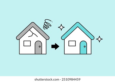 A simple vector icon illustration of an old, dirty house and a newly remodeled, shiny house.