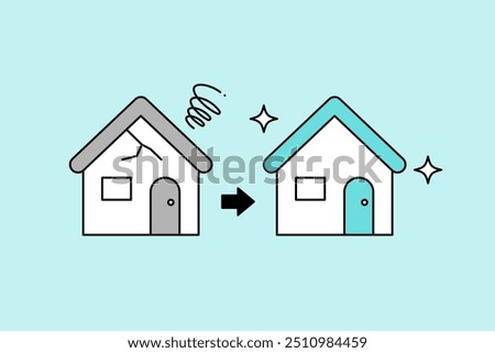 A simple vector icon illustration of an old, dirty house and a newly remodeled, shiny house.