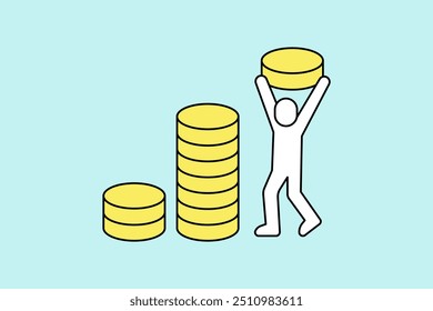 Una simple ilustración de ícono de Vector de una persona apilando monedas, que representa ahorros.