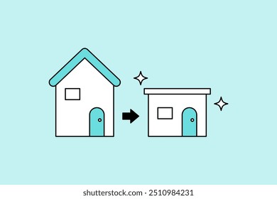 A simple vector icon illustration of reducing a two-story house to a single-story home, representing a remodeling concept.