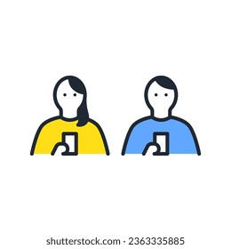 Simple vector icon illustration set material of young men and women operating smartphones