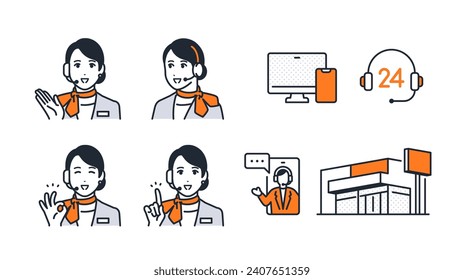 Simple vector icon illustration set material of a woman salesperson with an intercom