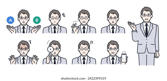 Simple vector icon illustration set material of a young businessman wearing glasses