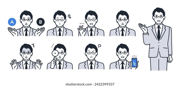 Simple vector icon illustration set material of a young man wearing glasses