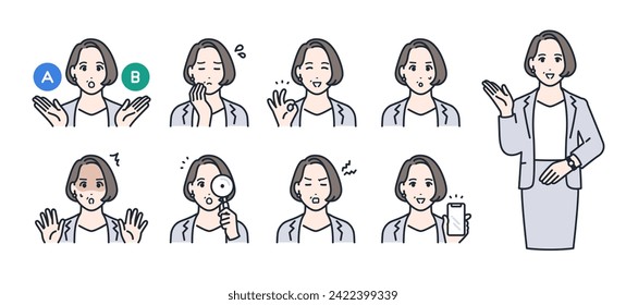 Simple vector icon illustration set material of a middle-aged woman wearing a suit