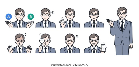 Simple vector icon illustration set material of a middle-aged man wearing a suit