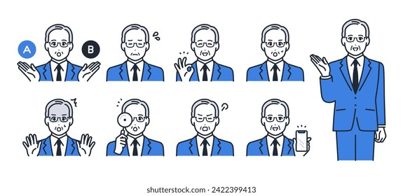 Simple vector icon illustration set material of a senior man wearing a suit