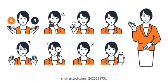 Simple vector icon illustration set material of a young woman wearing a suit