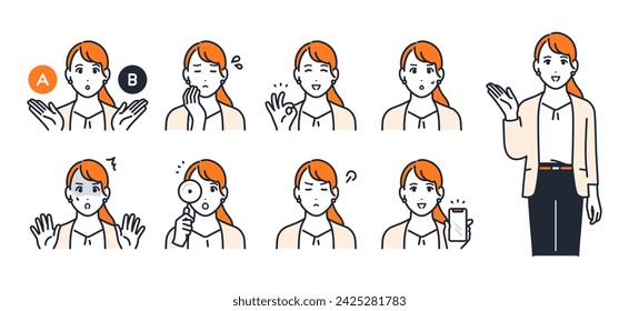 Ilustración vectorial simple conjunto de material de una mujer joven que lleva un traje