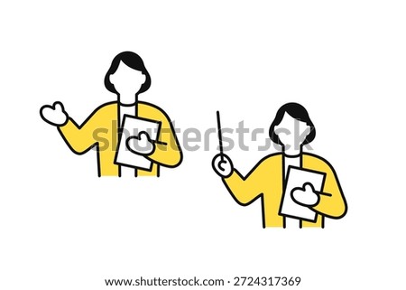 Simple vector icon illustration set of a businesswoman giving an explanation