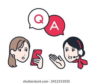 Simple ilustración vectorial de una joven mujer haciendo una pregunta a un operador.