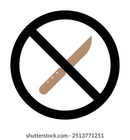 A simple vector icon of a knife crossed out by a circle, symbolizing do not open with knife or sharp object  Perfect for packaging, delicate products, and safety warnings