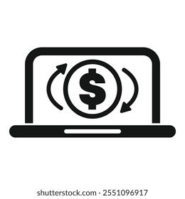 Simple vector icon of a laptop showing money with rotating arrows, representing online payment, cashback, money transfer or refund