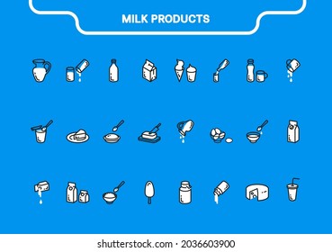 Simple vector icon line and fill set. Milk products collection: milk, yogurt, cheese, cottage cheese, eggs, porridge, milkshake, ice cream, sour cream