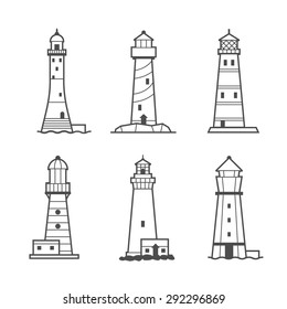 Simple vector icon or logo set of black and white lighthouses. Searchlight towers for maritime navigational guidance