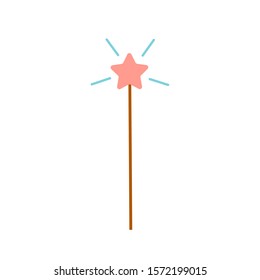 Simple vector icon of magic wand with star on its tip and shiny lines around. Flat magic wand illustration, isolated on white background.  