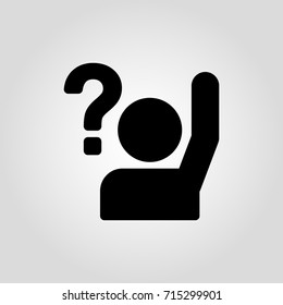 Simple Vector Icon With Man Or Person With Raised Hand And A Question Mark. Uncertain Person Asking Question Icon