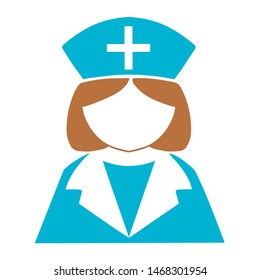 Simple vector icon of nurse with blue nurse hat, uniform and brown hair
