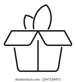Simple vector icon of an open cardboard box with leaves growing from it, representing eco friendly packaging