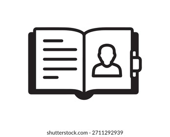 Ícone de vetor simples de um catálogo de contatos aberto, exibindo um símbolo de perfil do usuário e linhas de texto. Ideal para designs de diretório, gerenciamento de contatos, informações pessoais e interface de usuário.