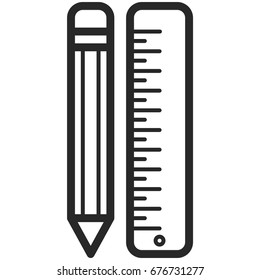 Simple Vector Icon of a pencil and a ruler in line art style. Pixel perfect. Basic education element. School and office tool. Back to college.