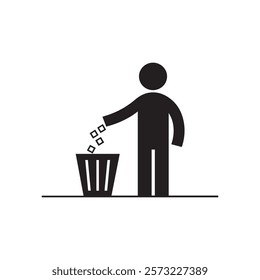 Simple vector icon of a person throwing trash into a bin symbolizing cleanliness waste management and environmental care perfect for eco-friendly designs and recycling projects.