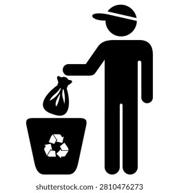 simple vector icon of a person throwing trash into a waste bin, symbol representing cleanlines, waste disposal, recycling and environmental responsibility