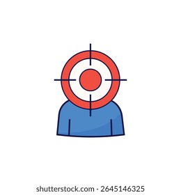 Simple vector icon of a person's silhouette with a target on their head. Ideal for target audience, customer focus, and marketing research designs.