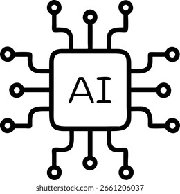 A simple vector icon representing artificial intelligence, featuring a chip with the letters AI inside it.