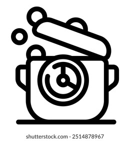 Simple vector icon representing a cooking pot with its lid open, releasing steam and showing the timer