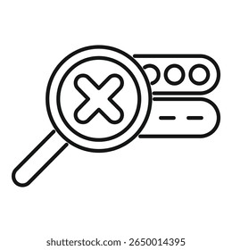 Simple vector icon representing a magnifying glass showing a cross mark, detecting a database error