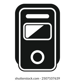 Simple vector icon representing a music player, featuring a prominent central button and a sleek design