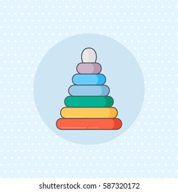 Simple vector icon for ring stacker in rainbow color on blue background. Flat style.
