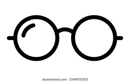 Simple vector icon of round glasses representing vision, reading, and knowledge. Suitable for educational or eyewear themes. Editable stroke.