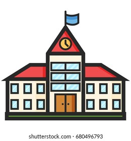 Simple Vector Icon of a school building in flat style. Pixel perfect. Basic education element. School and office tool. Back to college. 