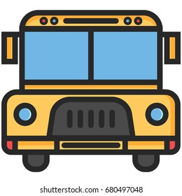 Simple Vector Icon of a school bus in flat style. Pixel perfect. Basic education element. School and office tool. Back to college. 