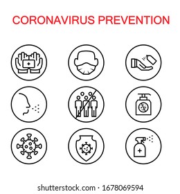 Simple vector icon set of Coronavirus protection, prevention in line style.