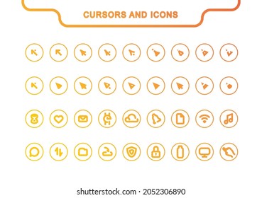 Simple vector icon set. Cursors and icons line and fill collection: arrow, clock, like, new message, notification, document, wi-fi, music, footnote, data transfer, folder, protection, lock, storage