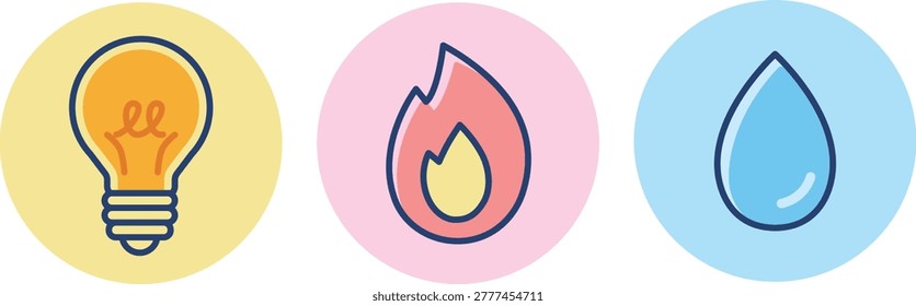 Simple vector icon set for electricity, gas, and water.