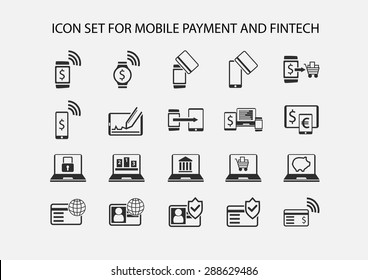 Simple vector icon set for mobile payment and electronic payment. Flat design icons for various payment processes for smart phones, smart watches and wearables.