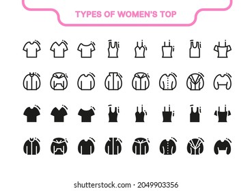 Simple vector icon set. Types of women's top line and fill collection: bike, T-shirt, blouse, jacket, sweatshirt, jacket, top, hoodie, rugby, bomber, coat, pullover, turtleneck, V-neck, fitted