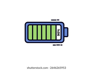 Ícone de vetor simples mostrando uma bateria com 90% de carga, ideal para mostrar níveis de energia altos ou status quase cheio do dispositivo.