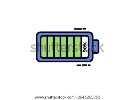 Simple vector icon showing a battery at 90% charge, ideal for depicting high power levels or device near-full status.