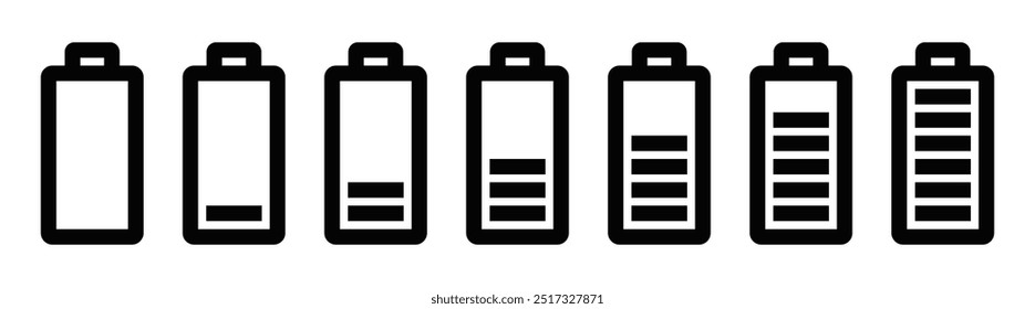 Einfaches Vektorsymbol, das verschiedene Batterieladestufen anzeigt und so Energie, Energie und Technologie symbolisiert. Bearbeitbarer Strich.