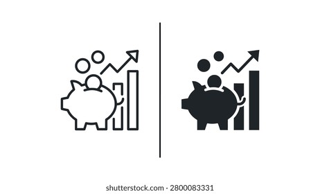 A simple vector icon showing a family inside a piggy bank with a growth chart and upward trend line, representing saving and financial growth.