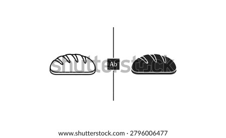 Simple vector icon showing a light bread loaf converting into a dark filled loaf through an antibody (Ab) process, ideal for medical or biological education materials.