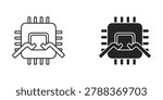 Simple vector icon showing a microchip being connected with soldering irons, perfect for electronics and tech illustrations.