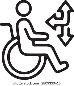 Simple vector icon showing a person in a wheelchair next to an accessible elevator direction arrows symbol, indicating accessibility features and directions for wheelchair users.