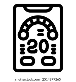 Simple vector icon showing a smartphone with a speedometer indicating 20 percent battery life