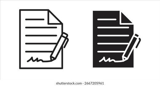 Ícone de vetor simples de um documento assinado com uma caneta. Variações em preto e branco incluídas.